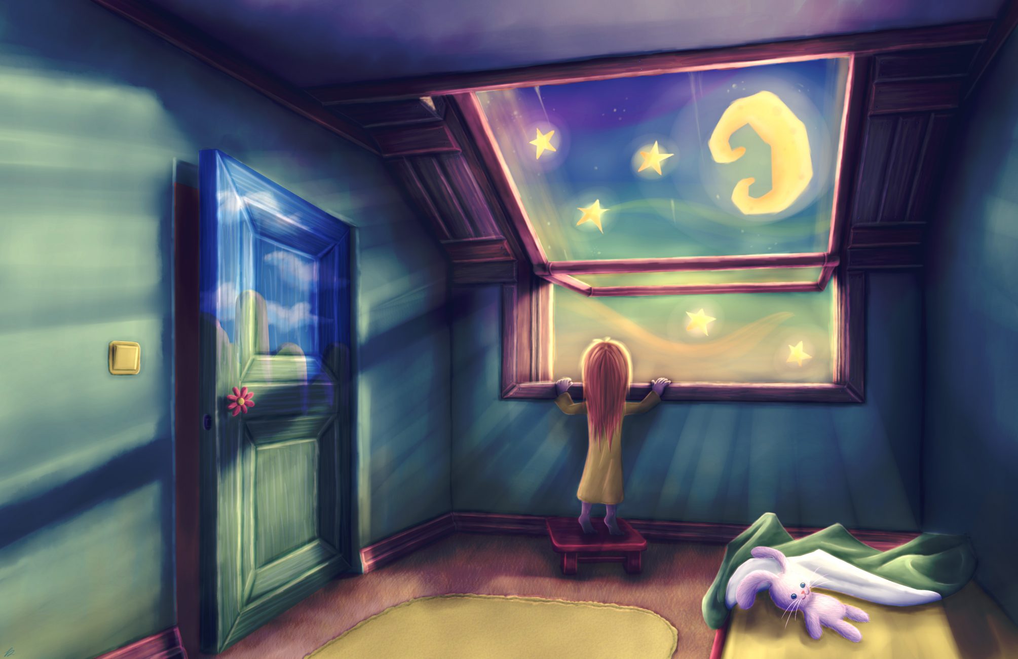 Illustration of a child at an attic window placing glowing stars in the night sky